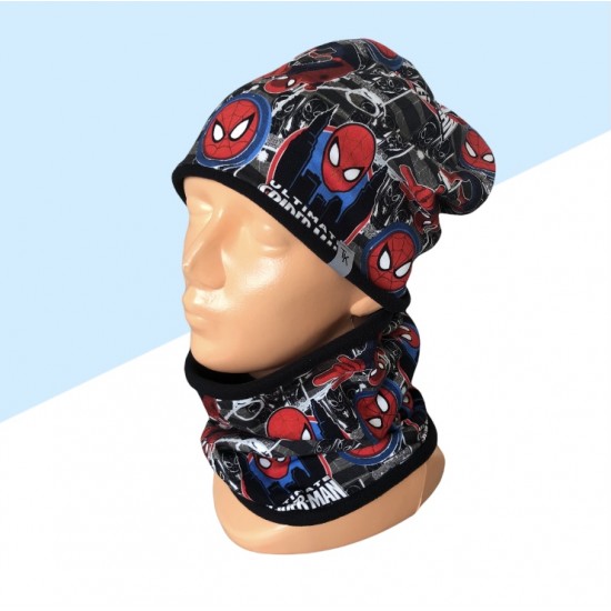 Zimný šedý komplet Spiderman - čiapka s nákrčníkom