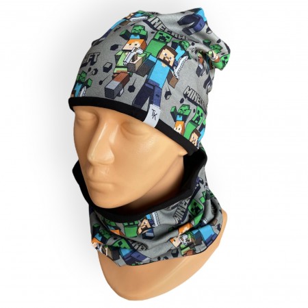 Prechodný sivý komplet Minecraft - čiapka s nákrčníkom