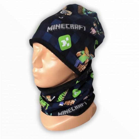 Zimný modrý komplet Minecraft - čiapka s nákrčníkom