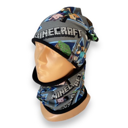 Zimný šedý komplet Minecraft - čiapka s nákrčníkom