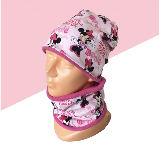 Zimný ružový komplet Minnie - čiapka s nákrčníkom