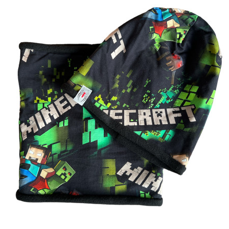 Zimný  komplet zelený Minecraft - čiapka s nákrčníkom