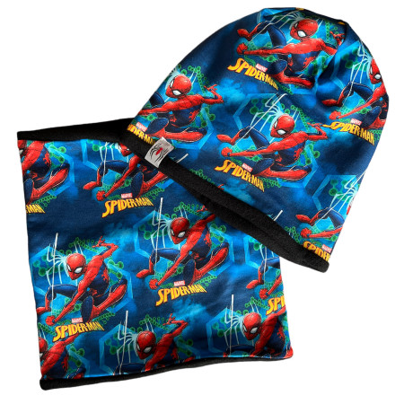 Zimný bledo-modrý komplet Spiderman - čiapka s nákrčníkom