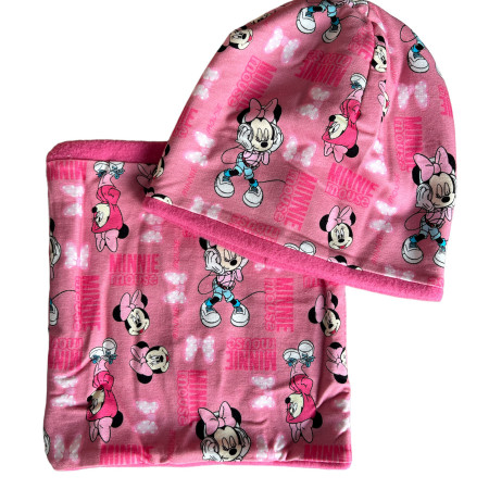 Zimný komplet Minnie Mouse ružový - čiapka s nákrčníkom