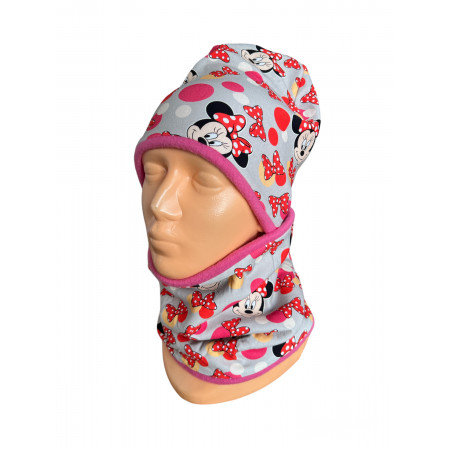 Zimný komplet Minnie Mouse šedo-ružový - čiapka s nákrčníkom